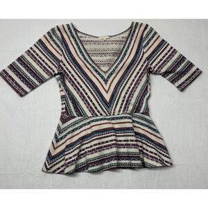 MDeletta Anthropologie Striped Peplum Top Bohemian V Neck Size  Med.
